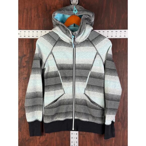 Ivivva by Lululemon Zip Up Scuba Hoodie Jacket‎ Striped Kids Mint Black Youth 12 - Picture 2 of 10